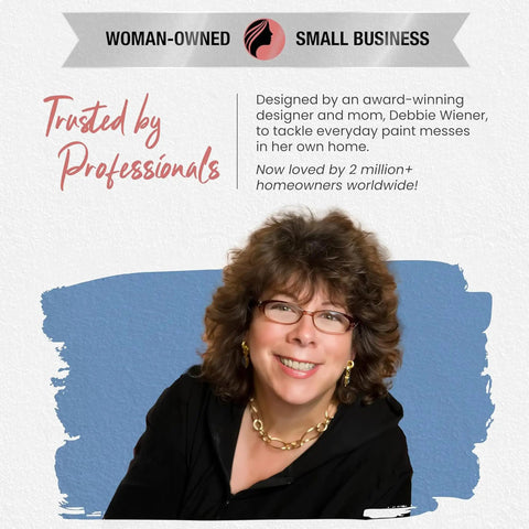 Portrait of a woman with glasses and a black jacket promoting a women-owned small business for paint tools.