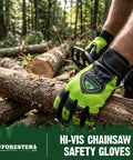 Hi-Vis Chainsaw Gloves With Anti-Vibration Padding And Cut-Resistant Kevlar Leather For Tree Cutting, Logging And Heavy Duty Woodworking, Comfortable Safety Gloves For Large Hands in use during wood cutting.