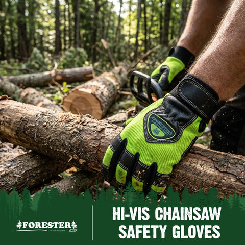 Hi-Vis Chainsaw Gloves With Anti-Vibration Padding And Cut-Resistant Kevlar Leather For Tree Cutting, Logging And Heavy Duty Woodworking, Comfortable Safety Gloves For Large Hands in use during wood cutting.