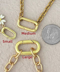 10Pcs Carabiner Clip Pendant Clasps in 18K Gold Tone for Necklaces and Bracelets, showing three sizes next to a coin.