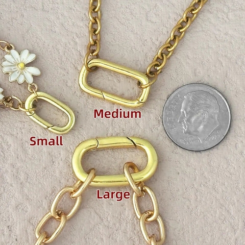 10Pcs Carabiner Clip Pendant Clasps in 18K Gold Tone for Necklaces and Bracelets, showing three sizes next to a coin.