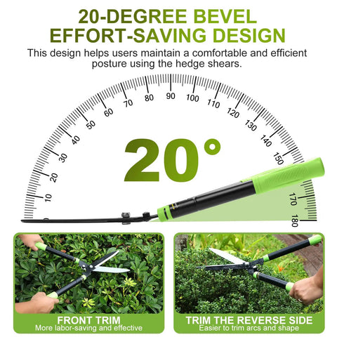Heavy Duty Telescoping Hedge Shears 23 To 30 Inches With 20 Degree Angled Head shown trimming hedges and shrubs.