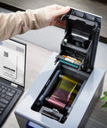 Single Sided Id Card Printer Boasting Quick Full Color Pvc Badge Printing With Smooth Lcd Touchscreen Navigation No Sweat desktop layout showing open lid and inner components.