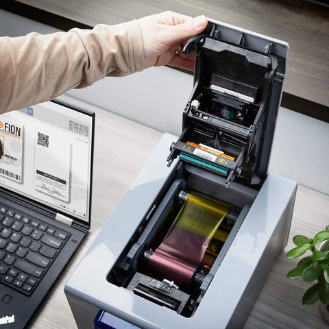 Single Sided Id Card Printer Boasting Quick Full Color Pvc Badge Printing With Smooth Lcd Touchscreen Navigation No Sweat desktop layout showing open lid and inner components.