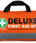 Front view of orange 380 Piece Deluxe First Aid Kit With Bandages Gauze Rolls Instant Cold Packs And Emergency Blanket