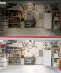 Before and after of Motion Activated Garage Light With 96 Ultra Bright LEDs, 6000 Lumens, No Tools Needed, Easy Screw In Installation