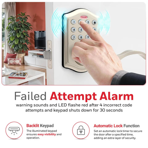 Person pressing keypad on Keyless Entry Lever Door Lock With Electronic Keypad One Touch Locking For Front Door Satin Nickel Finish Easy Install 50 Pin Codes Alarm After Four Wrong Attempts Durable Home Security Solution, showing failed attempt alarm notification.