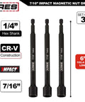 Three 7/16 inch magnetic impact nut driver set, 6 inch long, with 1/4 inch hex shank, heavy duty industrial magnets visible
