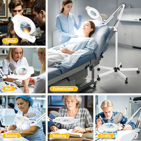 2 In 1 Lighted Magnifier With Stand And 5 Wheel Rolling Base, 2200 Lumens Dimmable Magnifying Floor Lamp shown for various uses