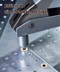 Close-up of tool from Fifty Piece Multi Grip Rivet Nut Kit With Carbon Steel Rivet Nuts In Zinc Plated Flat Head Pre Bulbed Shank One Quarter Twenty Threaded Inserts For Auto Body Repair And Fabrication Projects Heavy Duty Everyday Use being used on metal sheet.