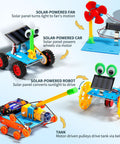 4-In-1 Solar Robot Kit For Kids Ages 8-12, STEM Toys For Boys And Girls, Solar Powered Fan Car And Robot, Pulley Powered Tank, Hands-On Electricity, Mechanics And Engineering Projects For Real World Learning displayed as four builds