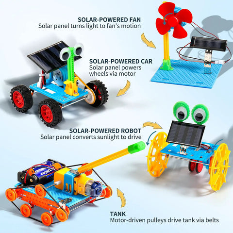 4-In-1 Solar Robot Kit For Kids Ages 8-12, STEM Toys For Boys And Girls, Solar Powered Fan Car And Robot, Pulley Powered Tank, Hands-On Electricity, Mechanics And Engineering Projects For Real World Learning displayed as four builds