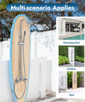 Polished Chrome Outdoor Shower Kit With Handheld Sprayer Wall Mount Double Cross Handles, shown in various outdoor settings.