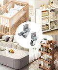 8 Piece Side Mount Casters, 1 Inch Swivel Caster Wheels, Hush Quiet Non Marking TPR Rubber With Brakes shown on furniture and a crib.