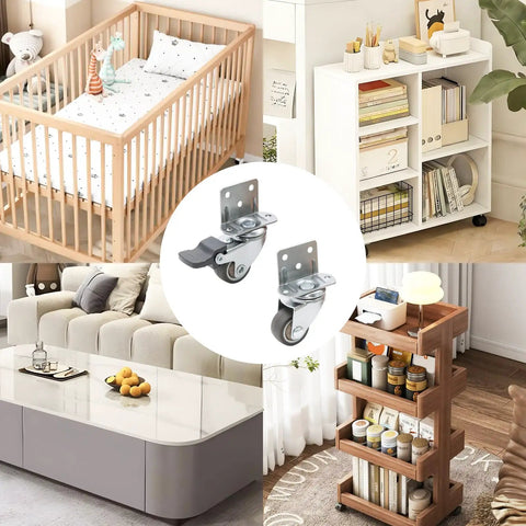 8 Piece Side Mount Casters, 1 Inch Swivel Caster Wheels, Hush Quiet Non Marking TPR Rubber With Brakes shown on furniture and a crib.