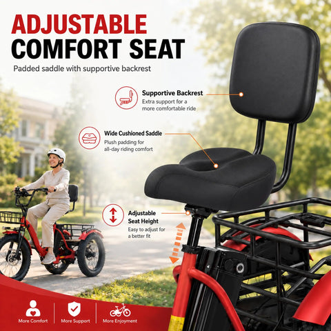 All Terrain Fat Tire Electric Tricycle For Adults With 750W Motor And Removable 48V 15.6Ah Battery, 40 To 60 Mile Range For City Cruisin And Errands, 20 Inch By 4 Inch Fat Tires, 3 Wheel E Trike, 330 Lb Payload, Heavy Duty High Carbon Steel Frame, Front adjustable comfort seat with padded backrest
