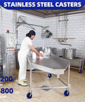 Rugged 6X2 Inch Stainless Steel Casters Featuring Smooth Rolling Solid Blue Polyurethane Wheels And Secure Brake Locks in use in a kitchen.