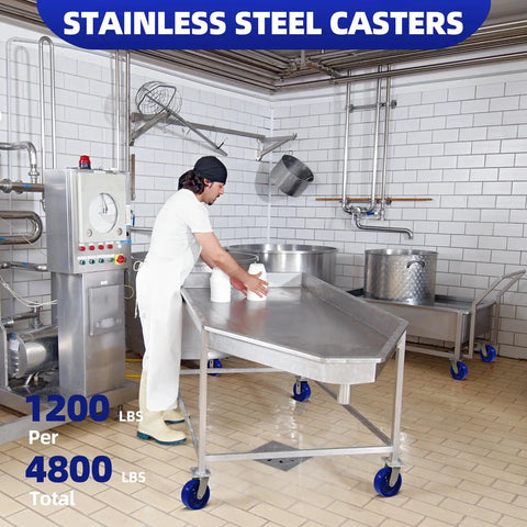 Rugged 6X2 Inch Stainless Steel Casters Featuring Smooth Rolling Solid Blue Polyurethane Wheels And Secure Brake Locks in use in a kitchen.