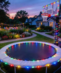 2 Pack Battery Operated Outdoor String Lights With 8 Modes wrapped around trampoline and basketball hoop in backyard