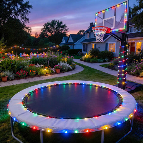 2 Pack Battery Operated Outdoor String Lights With 8 Modes wrapped around trampoline and basketball hoop in backyard