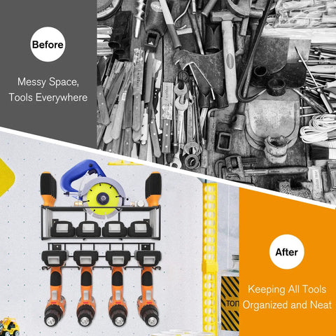 Two Set Power Tool Organizer Wall Mount System With 16 Inch Drill Holder And Screwdriver Rack showing before and after tool organization