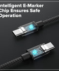 Close-up of USB-C cables with translucent casing showing intelligent E-Marker chip, designed for safe operation.