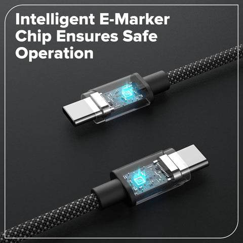 Close-up of USB-C cables with translucent casing showing intelligent E-Marker chip, designed for safe operation.