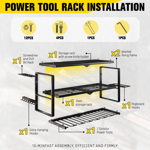 Diagram showing assembly of Heavy Duty Power Tool Organizer Wall Mount Rack With 300 LB Capacity, 3 Tier Garage Storage System, 7 Drill Holders