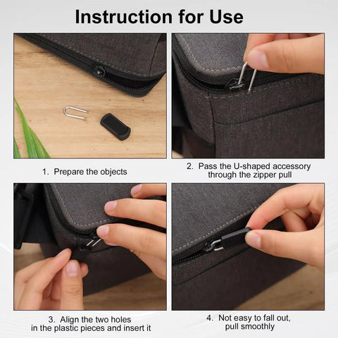 Universal Zipper Pull Replacement Kit instructions for use with hands showing installation on bag