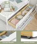 Solid Wood Twin Platform Bed With Two Smooth Rolling Storage Drawers And A Clean White Headboard, showing large storage drawers filled with clothes.