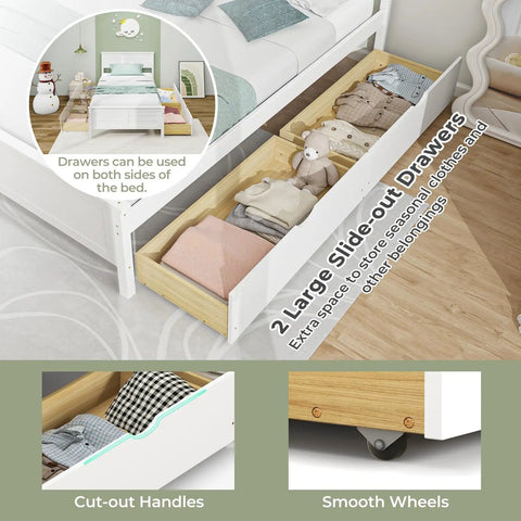 Solid Wood Twin Platform Bed With Two Smooth Rolling Storage Drawers And A Clean White Headboard, showing large storage drawers filled with clothes.