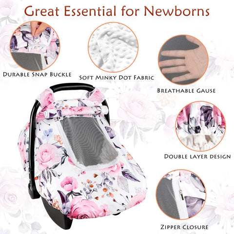 Girls Car Seat Cover Pea Pod Infant Canopy With Dual Windows And Breathable Mesh Lightweight Polyester With Minky Dot Backing
