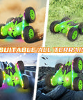 Remote Control Car With Upgraded Strip Lights And Bright Headlights Radical Stunt RC Car For Kids 360 Degree Double Sided Rotating 4WD Drift Truck Epic Gift For Boys And Girls Green on various terrains