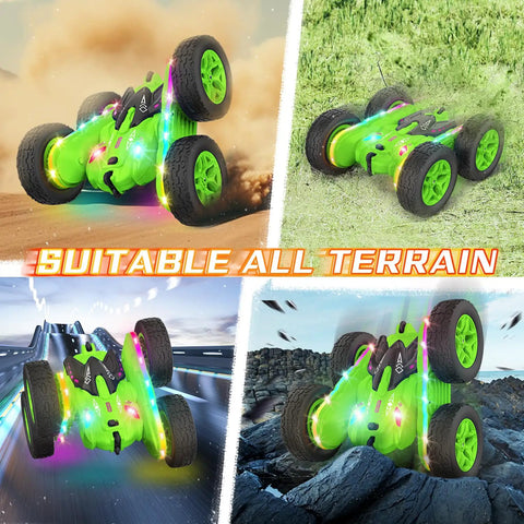 Remote Control Car With Upgraded Strip Lights And Bright Headlights Radical Stunt RC Car For Kids 360 Degree Double Sided Rotating 4WD Drift Truck Epic Gift For Boys And Girls Green on various terrains