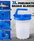 Pneumatic Brake Bleeder Kit With 3L Suction Can showing air intake, flow outlet, regulator, and silencer features.