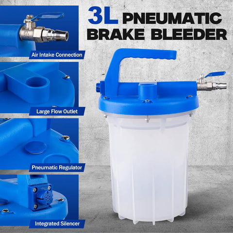 Pneumatic Brake Bleeder Kit With 3L Suction Can showing air intake, flow outlet, regulator, and silencer features.