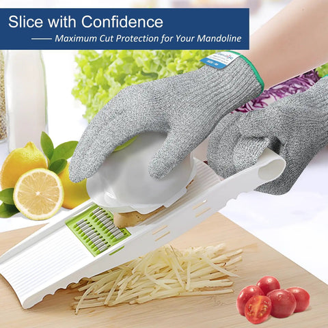 Cut Resistant Gloves A9 Maximum Protection For Kitchen Prep And Food Handling, ANSI A9 Certified, slicing potatoes with mandoline.