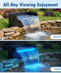 Pond Waterfall Spillway Kit With 8 Inch Stainless Steel Spillway Remote Control LED Lights 660GPH Submersible Pump Outdoor Fountain