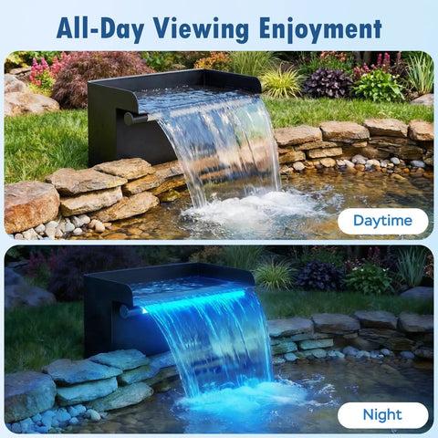 Pond Waterfall Spillway Kit With 8 Inch Stainless Steel Spillway Remote Control LED Lights 660GPH Submersible Pump Outdoor Fountain