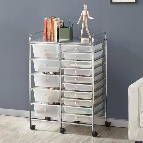 15 Drawer Rolling Storage Cart on Wheels with Two Drawer Sizes White Go To Multi Purpose Mobile Organizer for Craft Supplies