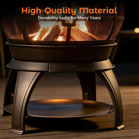 Close-up of chiminea outdoor fireplace wood burning fire pit for backyard and camping in brown black finish with mesh screen