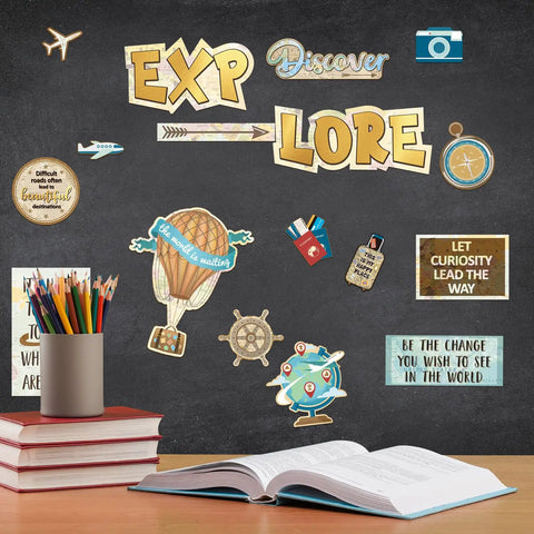 Travel The Map Bulletin Board Set For Classrooms 27 Piece Travel Cutouts With Maps Globes Suitcases Balloons Arrows And Motivational Sayings