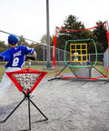 Child practicing throwing with 6x6ft Portable Baseball And Softball Net with Sturdy Bow Frame, includes batting tee and ball caddy.