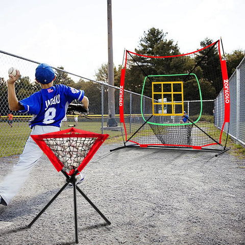 Child practicing throwing with 6x6ft Portable Baseball And Softball Net with Sturdy Bow Frame, includes batting tee and ball caddy.