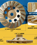 4.5 Inch Turbo Diamond Grinding Wheel For Concrete And Masonry Featuring Killer 30 40 Grit Segments view with 18 segments and measurements.