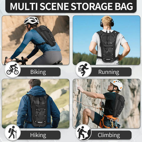 Hydration Backpack With 2L Leak-Proof Water Bladder used for rave, cycling, running, hiking, climbing; tear-resistant nylon and ergonomic fit.