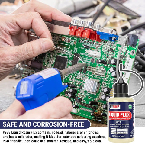 Liquid Solder Flux Dropper Kit 60mL No Clean Rosin Flux for Electronics Soldering near circuit board with blue flux pen.