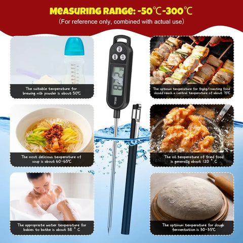 Six Pack Instant Read Meat Thermometers with Long Probes Waterproof Digital Thermometer for BBQ Grilling and Home Cooking 9.65 Inch Probes Works for Water Milk Yogurt Candy and Liquids Round and Square Ring Black White Red with temperature guide images
