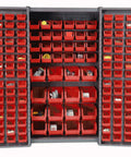 Rock Solid Deep Door Bin Cabinet With One Hundred Thirty Six Red Plastic Storage Bins For Heavy Duty Workshop Tool Organization And No Fuss Garage Setup Built American Tough With Secure Padlock Hasp Included.