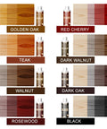 Smooth As Silk Water Based Wood Stain For Indoor And Outdoor Projects Fast Drying With Zero Fumes Non Toxic Low Odor Formula In Rich Red Cherry color samples and bottles.